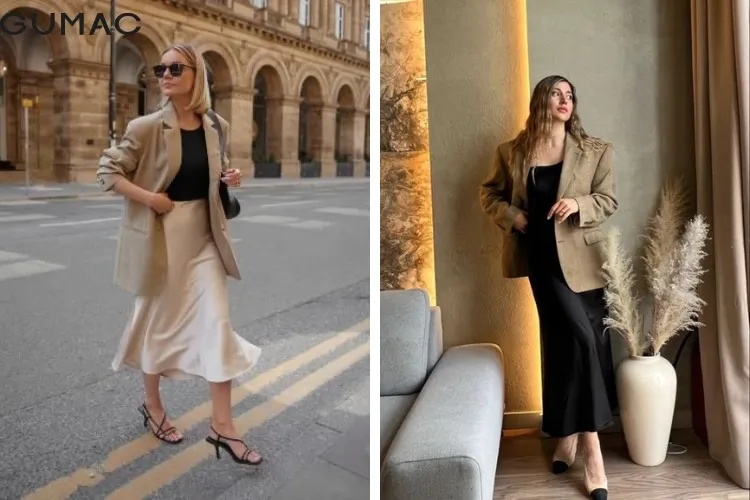 Áo blazer là lớp khoác ngoài lý tưởng để nâng tầm set đồ váy lụa và giày bánh mì