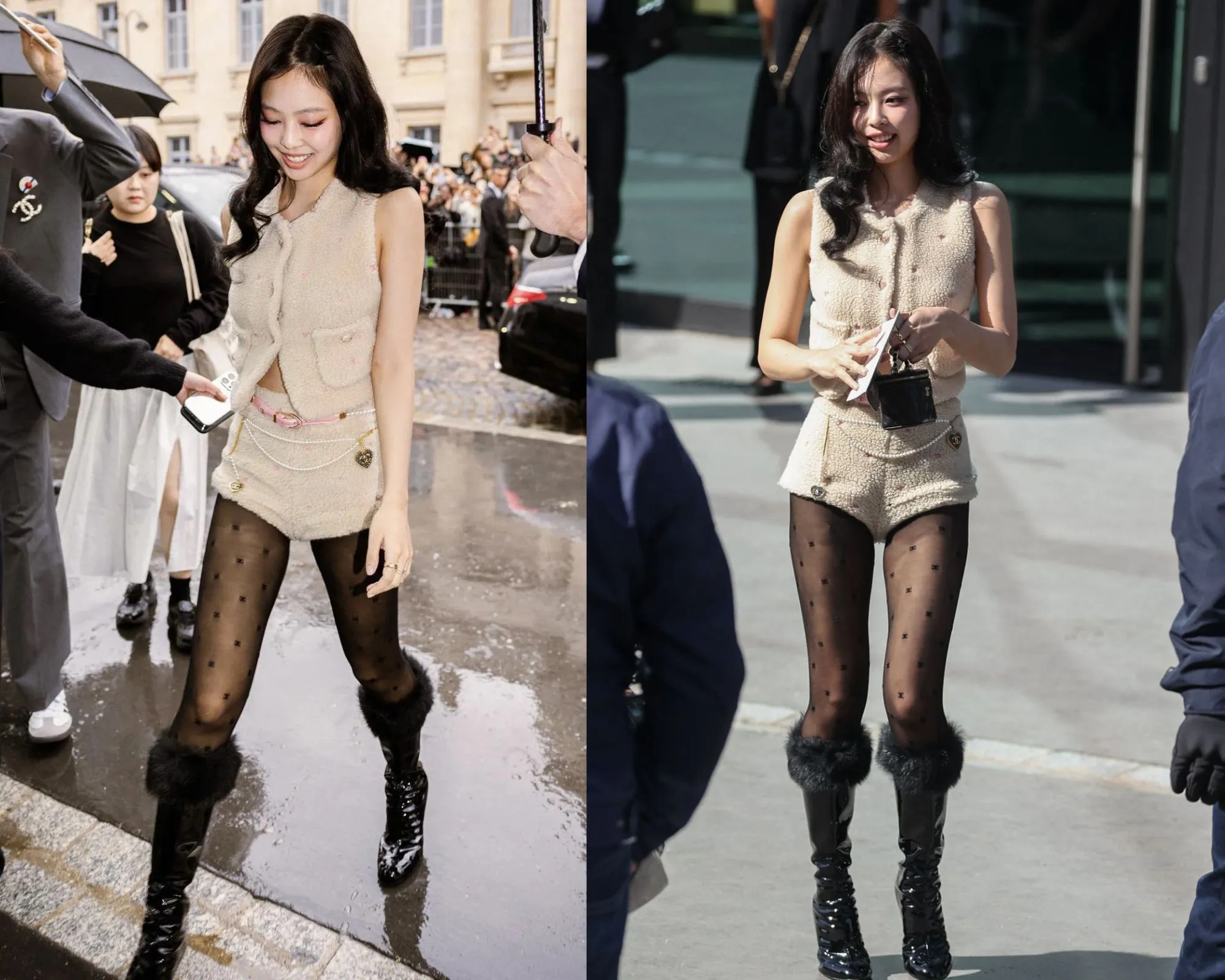 Phong cách cá tính mạnh mẽ khi kết hợp giày bánh mì cùng tất lưới cao cổ tạo nên diện mạo ấn tượng