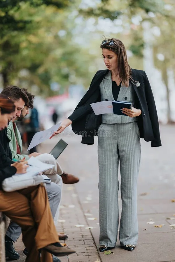 businesswoman-gray-suit-distributes-papers-to-group-outdoors-city-setting-stylish-woman-wearing-pinstripe-hands-out-documents-416446138 Vẻ ngoài chuyên nghiệp và quyền lực khi kết hợp suit cùng giày Oxford đế bánh mì