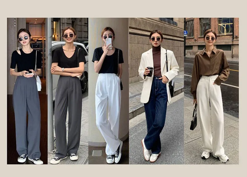 Sự kết hợp hoàn hảo giữa quần tây ống suông rộng và giày bánh mì tạo nên diện mạo thời thượng