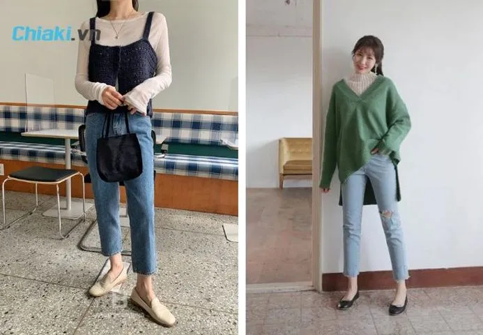 Sự kết hợp năng động giữa giày bánh mì đạp gót và quần jeans