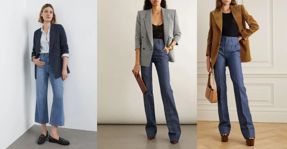 Áo blazer kết hợp cùng quần ống loe và giày bánh mì tạo nên phong cách sang trọng