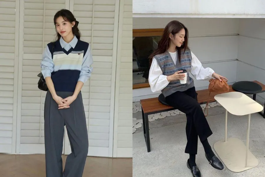 Sự kết hợp hoàn hảo giữa áo gile len sơ mi form rộng và giày cao tạo nên vẻ ngoài sành điệu và thời thượng